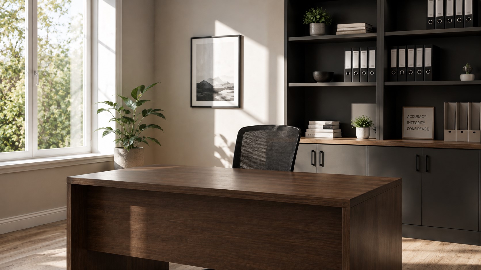 A calm, organized small-business workspace with financial paperwork